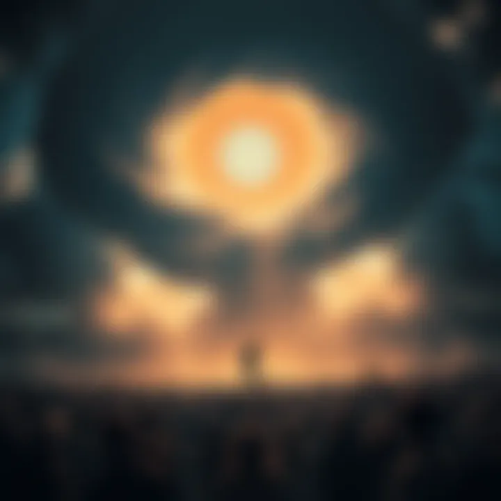 Dark Dimension Emergence A swirling, dark vortex appears in the sky, casting shadows over a confused crowd on the ground, symbolizing the unexpected arrival of Dark Dimension in 2025.