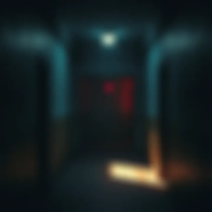 A dimly lit hallway with ominous shadows, evoking fear and tension, typical of horror game settings