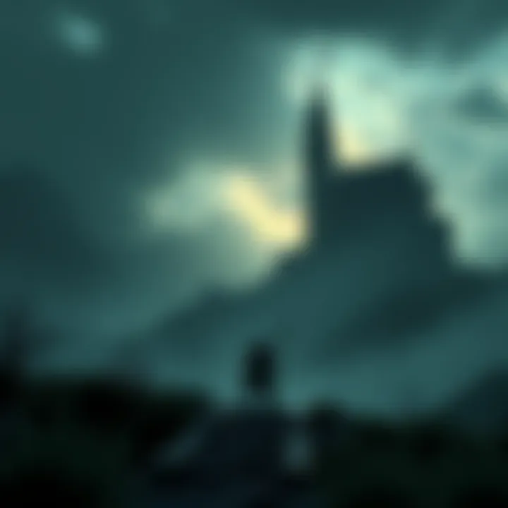 A dark fantasy landscape featuring a lone knight facing a menacing castle under a stormy sky, with eerie lighting and dramatic shadows.