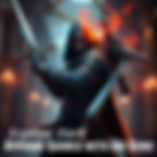 Action game character with swords and guns A character in dark fantasy attire wielding a sword and a gun in a medieval setting