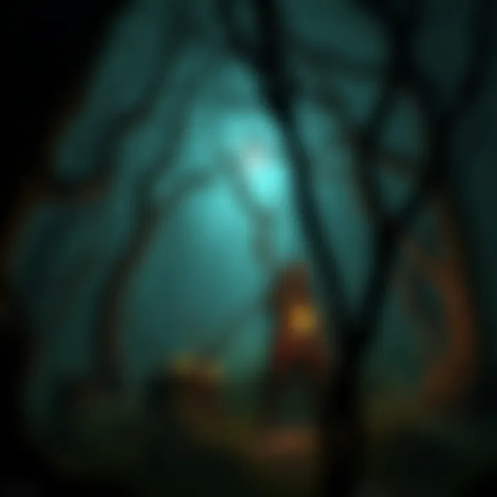 A dark, eerie forest with twisted trees and dim light, featuring a lone character wearing armor and holding a lantern, exploring the environment