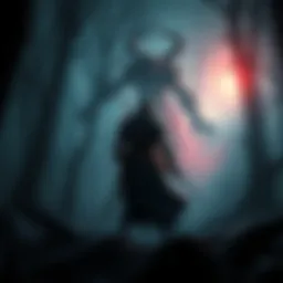A warrior stands in a dark, eerie forest, wielding a sword and preparing for battle against a shadowy monster, capturing the essence of challenging Soulslike games.