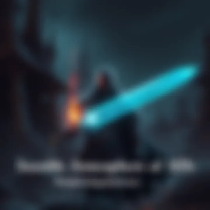 A character in dark armor holds a glowing sword in a shadowy fantasy landscape, hinting at an epic adventure in the game MS.