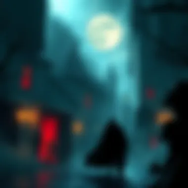 Dark Fantasy Horror Game Concept Art Concept art showcasing a dark fantasy horror scene with eerie environments and a shadowy figure, illustrating the theme of fear and suspense.