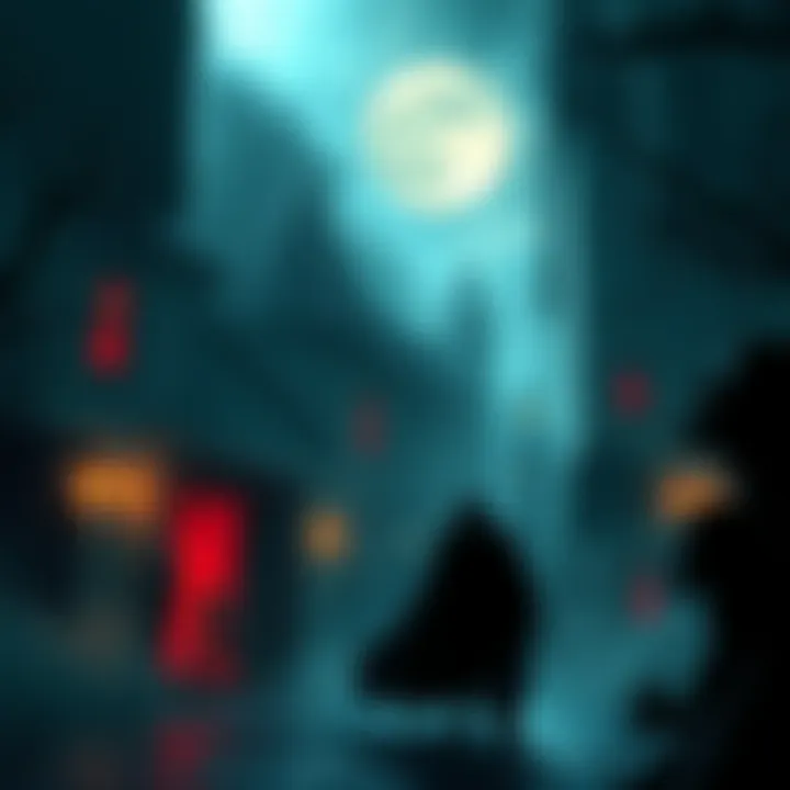 Dark Fantasy Horror Game Concept Art Concept art showcasing a dark fantasy horror scene with eerie environments and a shadowy figure, illustrating the theme of fear and suspense.