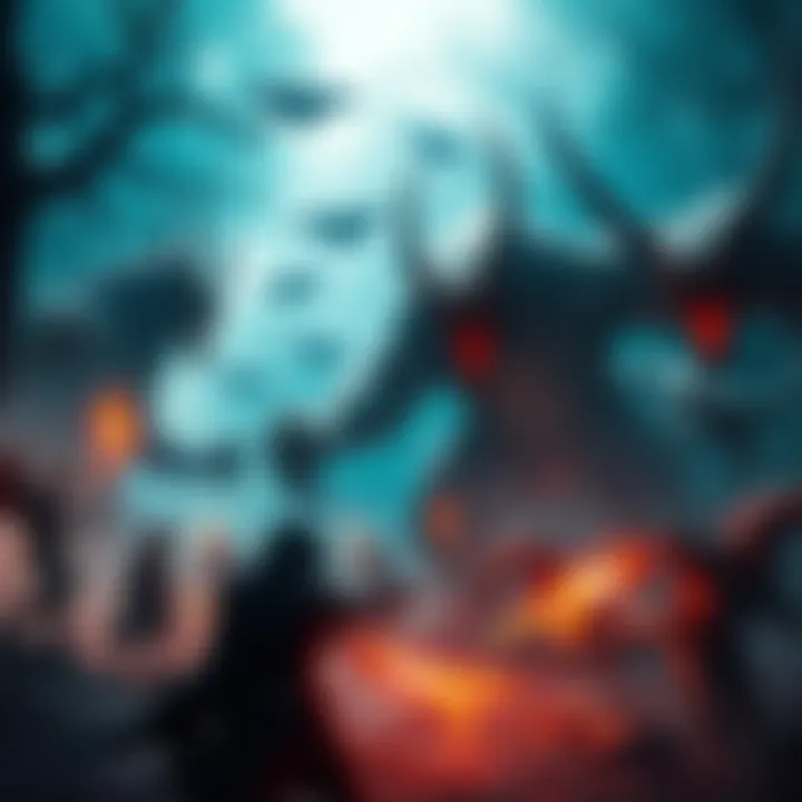 A group of players in dark fantasy attire battling mythical creatures in an eerie forest setting