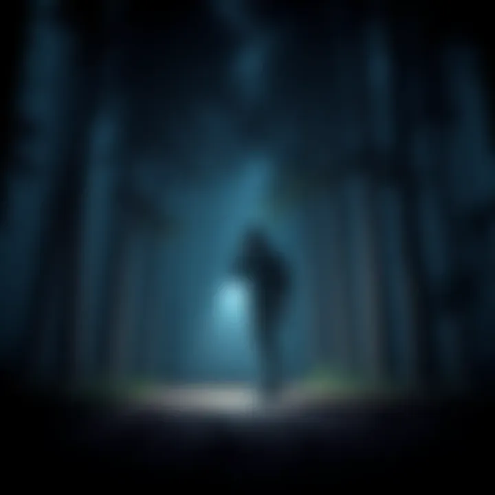 A character stands in a dark forest holding a flashlight, creating a tense atmosphere in a horror game setting.
