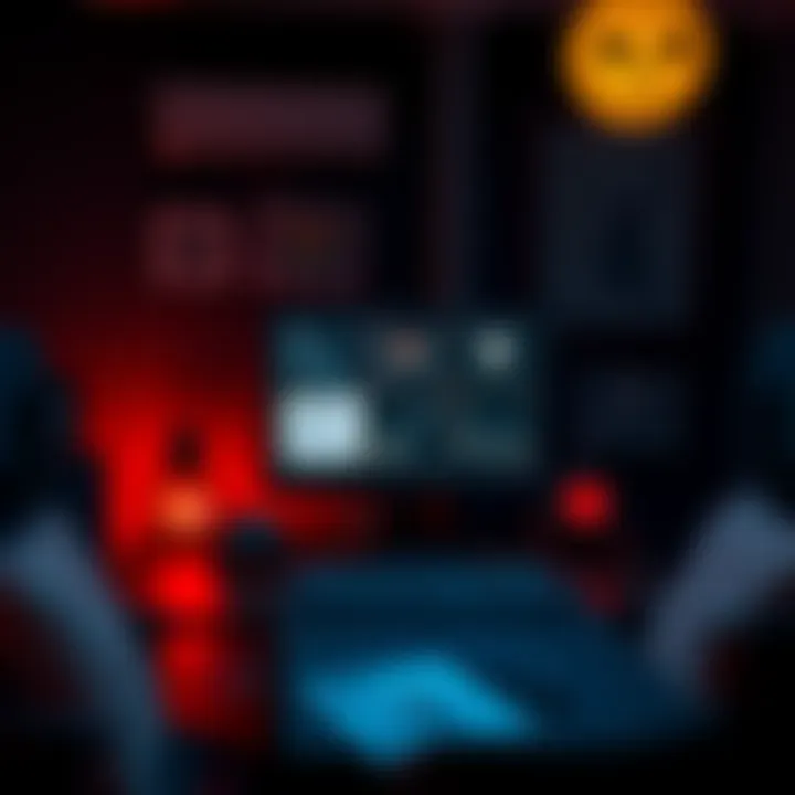 A dimly lit room with a computer screen showing horror game designs and sketches, creating a spooky atmosphere.