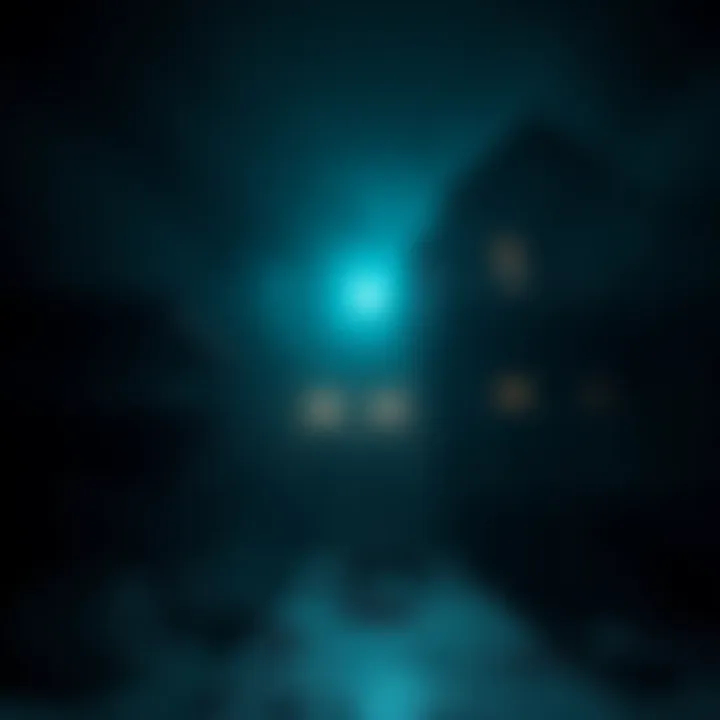 A dimly lit game environment featuring a haunted house with shadows, flickering lights, and ominous sound waves representing horror elements.