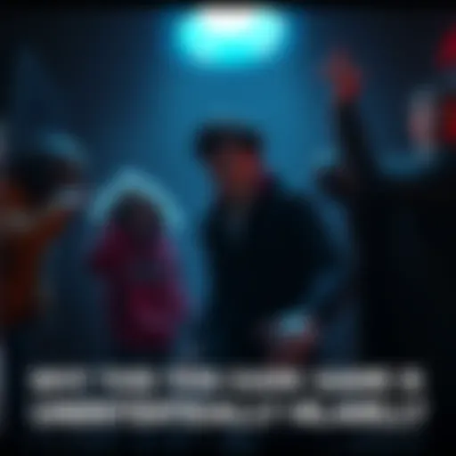 A character in a dark, eerie environment accidentally causing a humorous mishap, with exaggerated reactions from other characters around them.