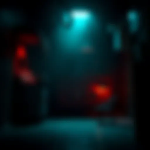 A shadowy scene from a horror game showing dimly lit areas that create suspense and fear
