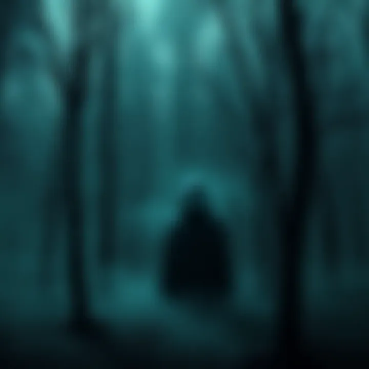 A shadowy figure looms in a misty forest, surrounded by eerie glowing eyes