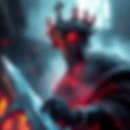 A scene from the Dark Horizon DLC featuring the awakened king in action with dramatic lighting and game elements.
