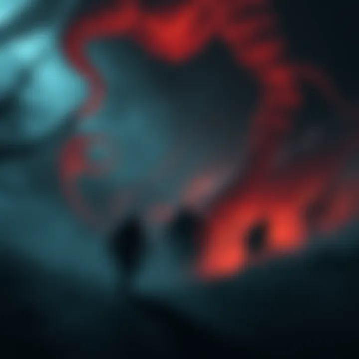 Dark Horror Game Scene A chilling landscape filled with eerie shadows and monstrous figures, capturing the essence of suspense and dread.