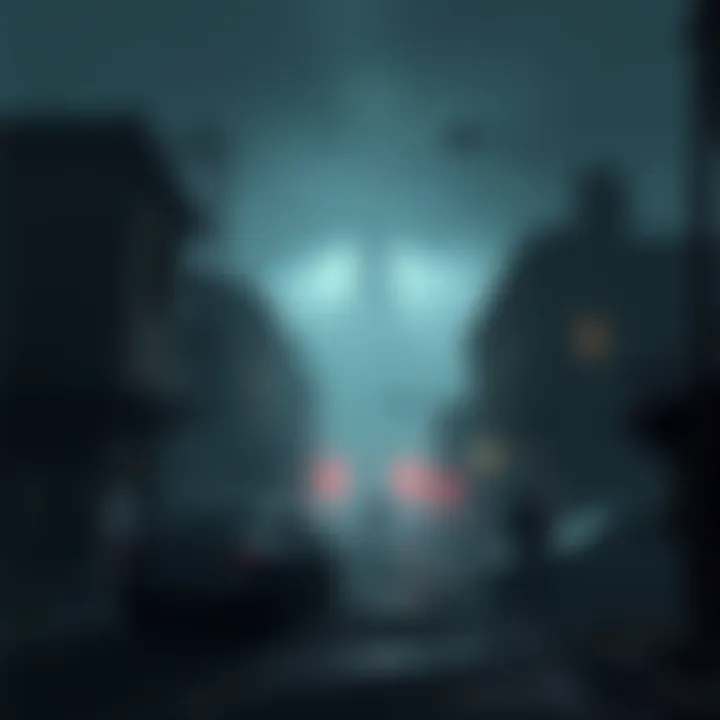 A dark and eerie game setting with a foggy atmosphere, showing rundown buildings and shadowy figures, perfect for low-end PCs.