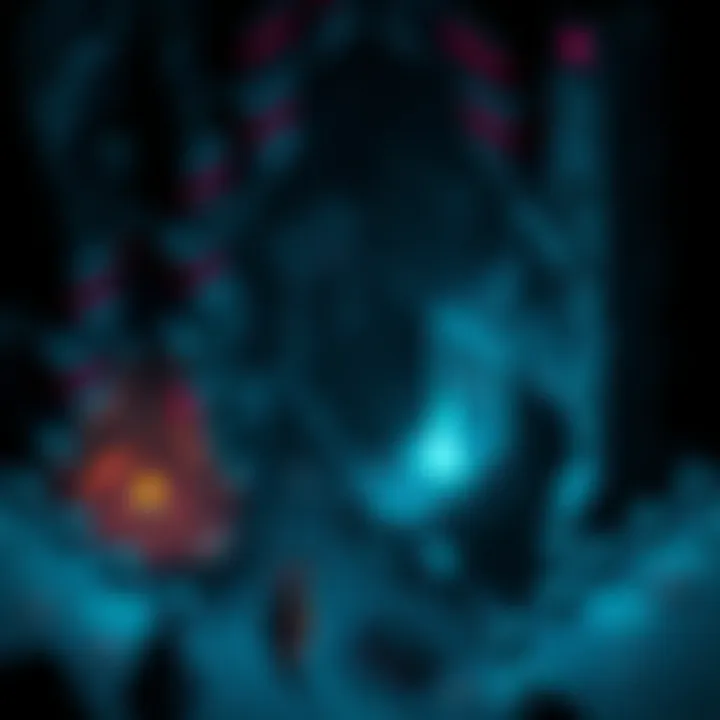 Dark Isometric Game Scene A dark, cave-like environment with an isometric view, featuring a character looking for mana in an engaging setting.