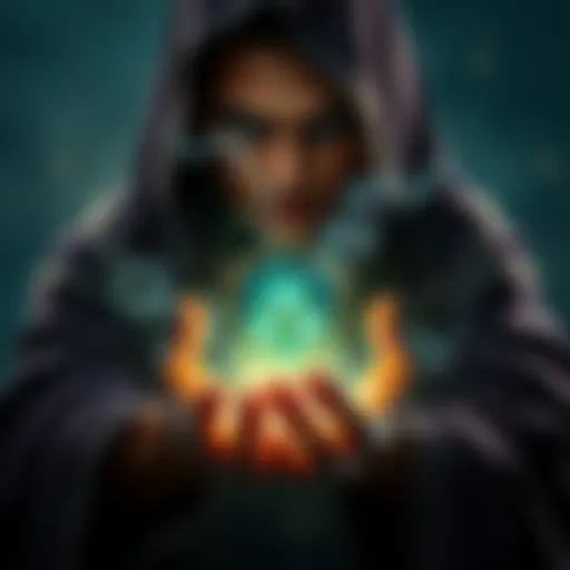 A spellcaster holds a glowing cursed artifact, surrounded by dark energy, representing the bond with magic and resilience.