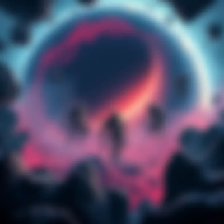 Illustration of dark matter creatures existing inside a planet's core, manipulating reality in a mysterious dimension.