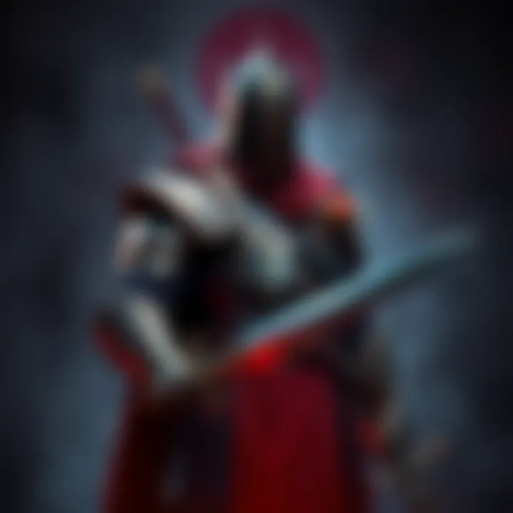 A character from Dark Messiah, showcasing medieval armor and weapons, set against a dark fantasy backdrop.