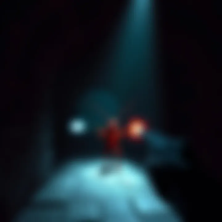 A shadowy tunnel filled with eerie graphics and a red cockroach character shooting at enemies.