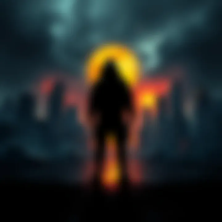 A shadowy figure standing in front of a crumbling cityscape, symbolizing the desire for humanity's downfall.