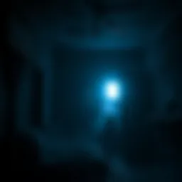 Dark Room with a Flickering Light A dark, eerie room illuminated by a flickering light, featuring shadows and ghostly hints, creating a tense atmosphere for horror investigation.