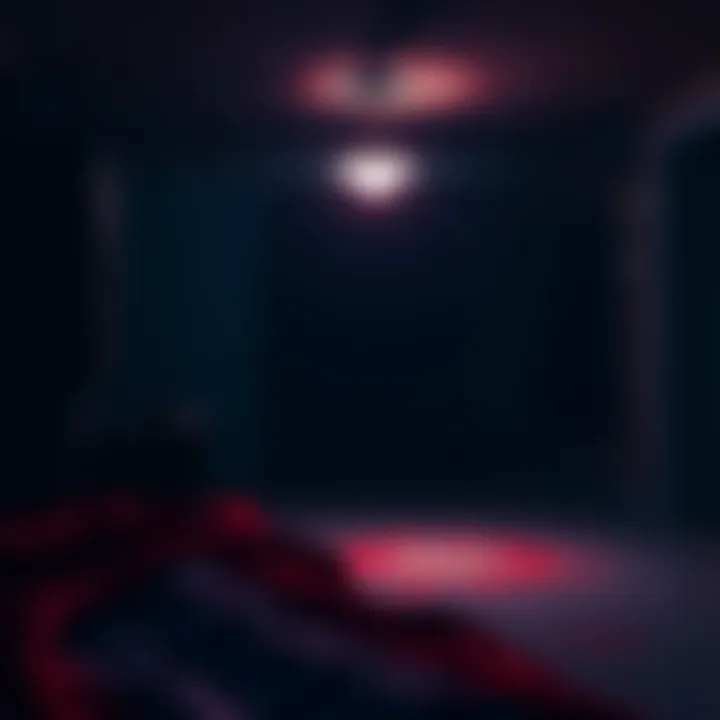 Dark Room with Flickering Light A dark room with a flickering overhead light, casting eerie shadows, creating a spooky atmosphere for gaming.