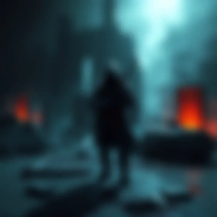 A character in a moody environment, holding a weapon, surrounded by shadows and ruins, representing dark-themed RPG and mil-sim games.