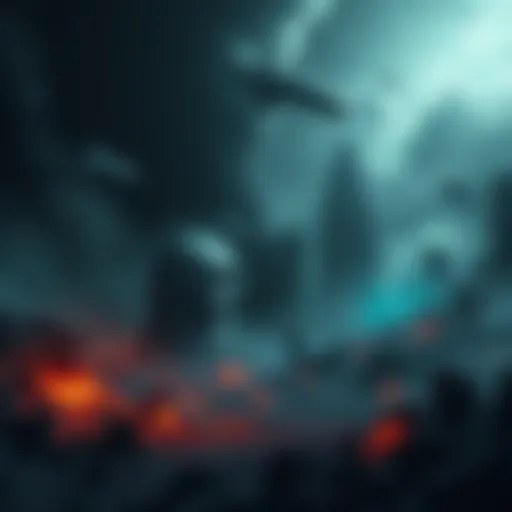 Dark scene depicting cosmic horror A chilling view of a vast, dark universe filled with large, ominous shapes symbolizing megalophobia and cosmic horror themes in gaming