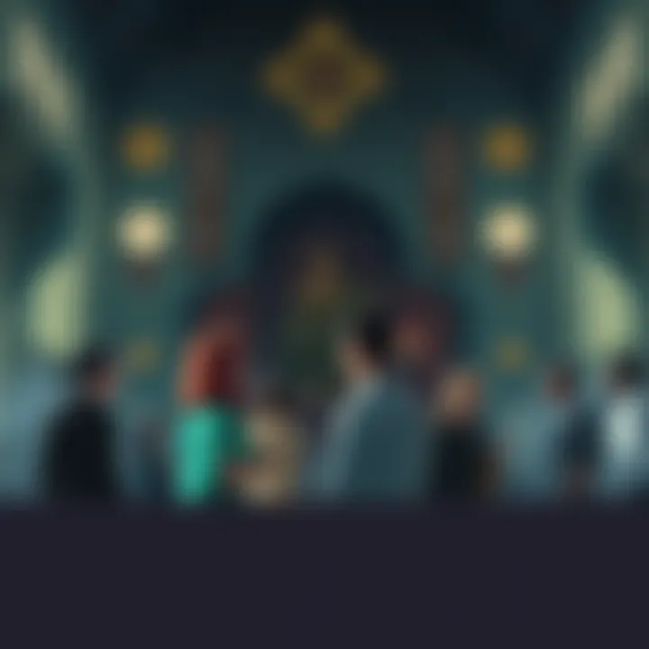 People discussing the latest Dark Shrine parts with symbols and rituals in the background