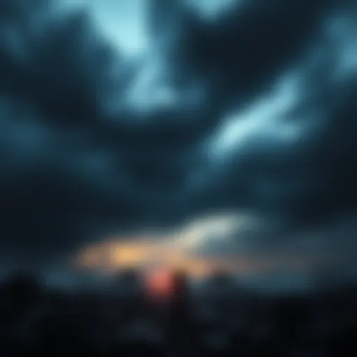 A darkened sky above the collapsed Atreus, with a silhouette of a horned figure calling the World Serpent.