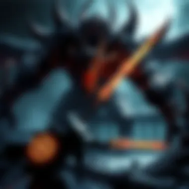 A fierce battle scene featuring a Dark Souls character battling a large, intimidating boss with glowing weapons in a dark, fantasy setting.