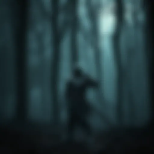 A knight in armor standing in a dark forest with eerie trees, resembling the atmosphere of Dark Souls
