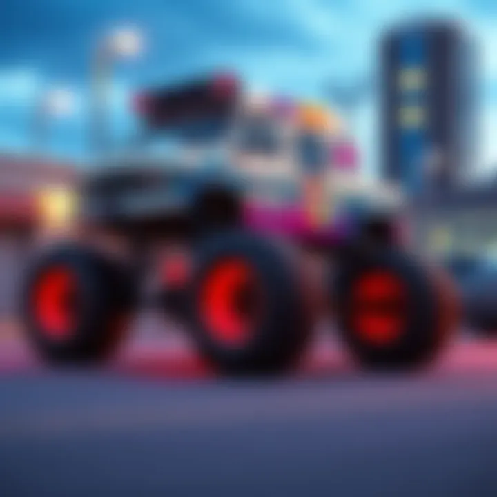 A modified monster truck resembling an ice cream truck with large wheels and a colorful paint job, set against an urban background.