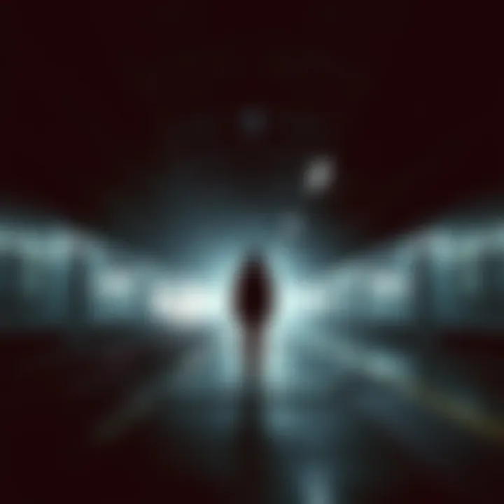 Person lurking in a dark train station A shadowy figure stands in a dimly lit train station, suggesting a hidden threat.