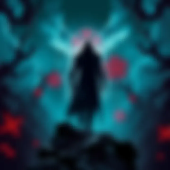 An eerie scene featuring a shadowy figure in a twisted landscape with unsettling visuals and cryptic symbols, representing dark themes in video games.