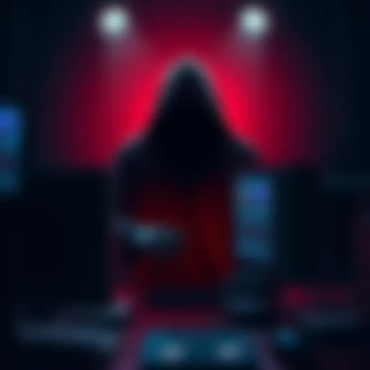 A haunting visual representation of dark web elements intertwined with film production, featuring a shadowy figure manipulating computer screens in a dimly lit environment.