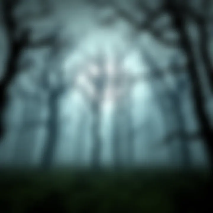 A haunting view of dark, twisted trees in an isolated countryside with fog lingering, hinting at missing people.