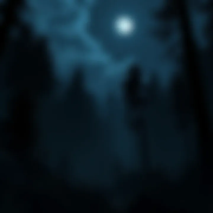 Darkwood nighttime scene A dark forest with eerie shadows and lurking threats under a moonlit sky in Darkwood game