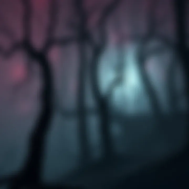 A dark, eerie forest with twisted trees and fog, reflecting the unsettling atmosphere of Darkwood.