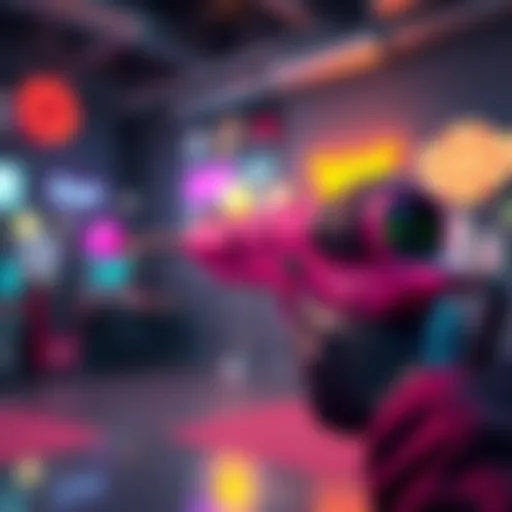 A player aiming with a magenta Dart pistol in a gaming setting