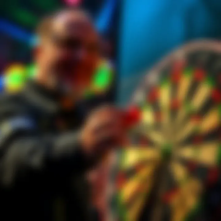 A dart player demonstrates the flick technique while aiming at a dartboard, focusing on precision and accuracy.
