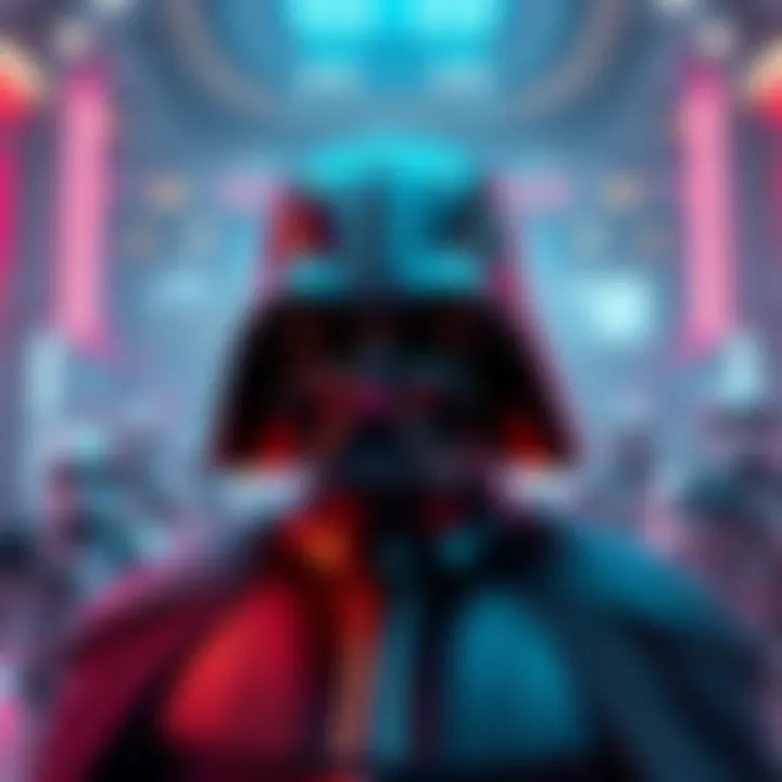 Darth Vader character from Fortnite with a digital backdrop representing a video game setting