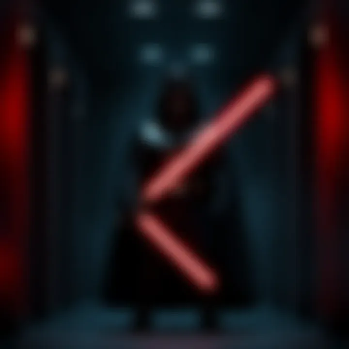 Darth Vader's Dark Presence Darth Vader stands ominously in a dark hallway, his red lightsaber glowing as he looms closer, evoking a sense of fear and pursuit.