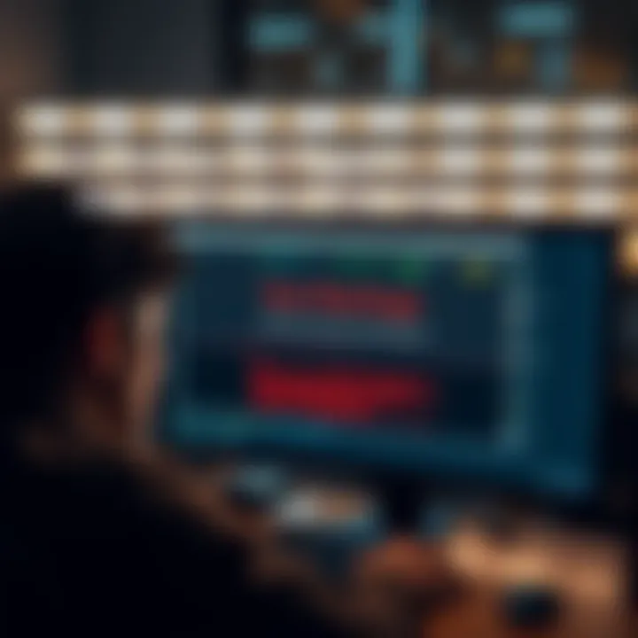 A worried person looking at a computer screen with a warning message about missing backup data.