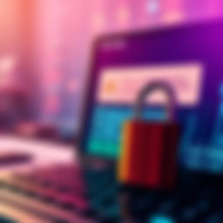Data breach alert A locked padlock beside a computer screen displaying a warning about customer data theft