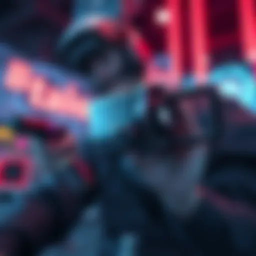 A close-up view of the Data Reshaper for S10 showing its features, with a player character in the background using it in a gaming environment.