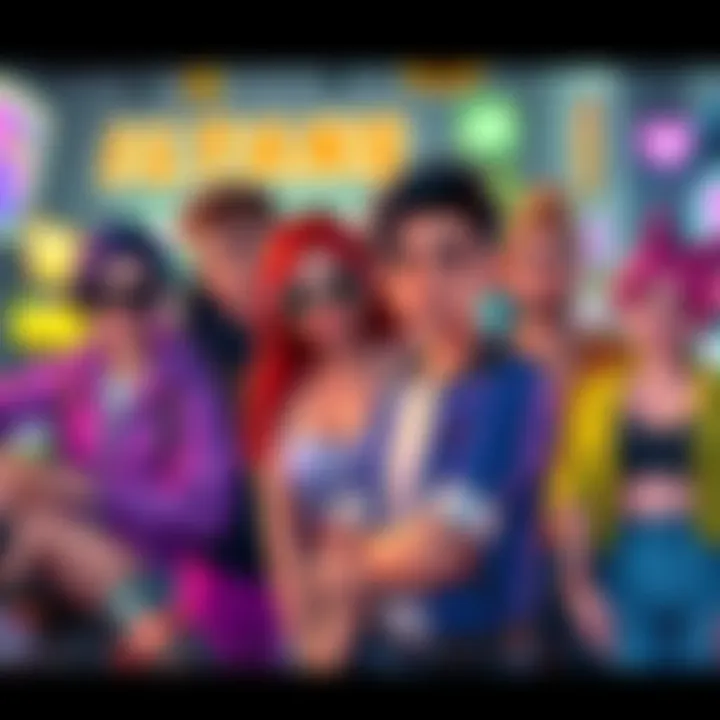 A scene featuring diverse dating sim characters in vibrant outfits, set in a lively virtual environment