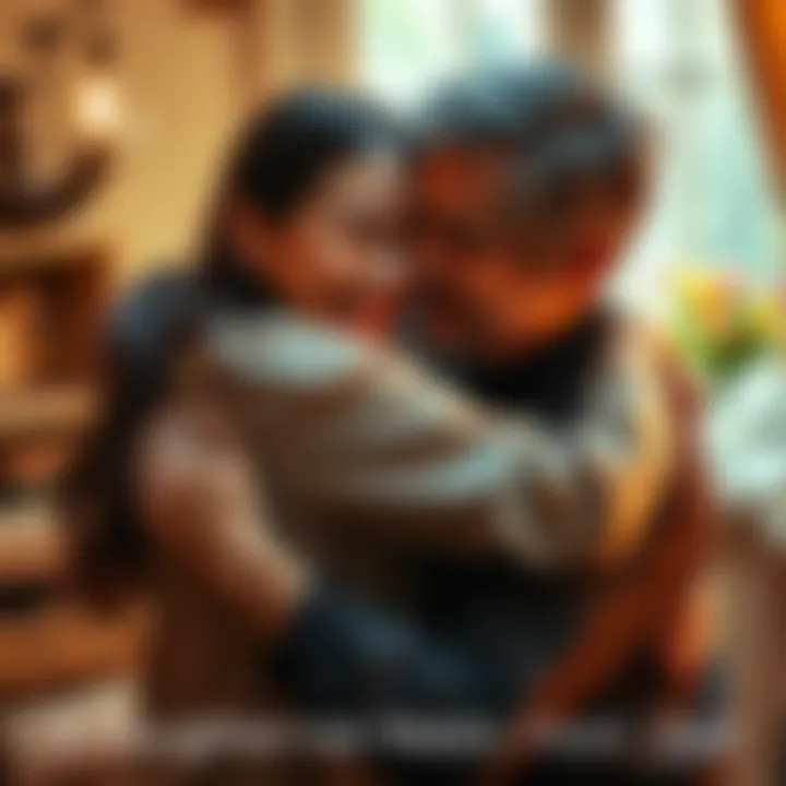 A woman embraces her father in a heartfelt reunion, emotions visible on their faces, surrounded by a warm setting.