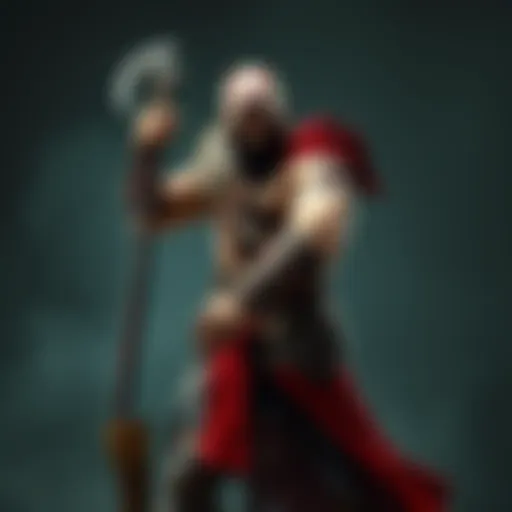 Dave Bautista dressed as Kratos, a large warrior figure with a distinctive tattoo and armor, holding a weapon in a powerful stance